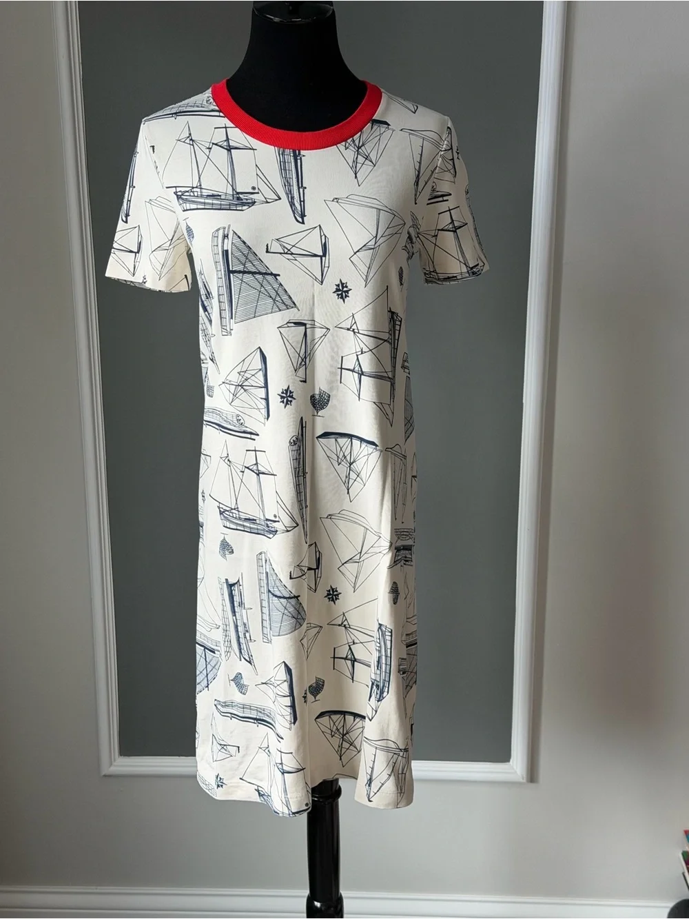 Tory Burch Nautical Print Short-Sleeve Shift Dress - Red Trim